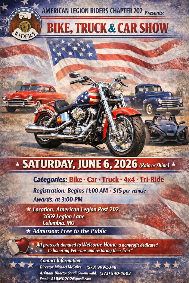 Bike, Truck & Car Show Benefiting Welcome Home event at 3499 Mo-Ww in Columbia, MO on June 6, 2026
