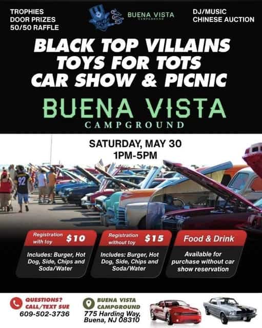 Black Top Villains Toys For Tots Car Show & Picnic event at Buena Vista Campground in Buena, NJ on May 30, 2026