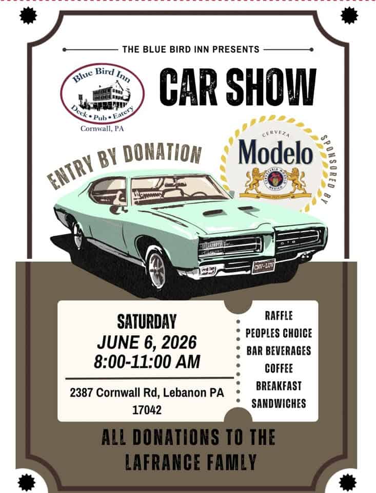 Blue Bird Inn Car Show event at 2387 Cornwall Rd in Cornwall, PA on June 6, 2026