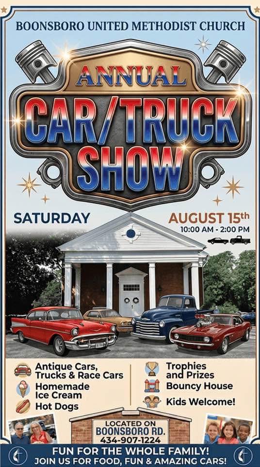 Boonsboro United Methodist Church Annual Car/Truck Show event at Boonsboro United Methodist Church in Lynchburg, VA on August 15, 2026