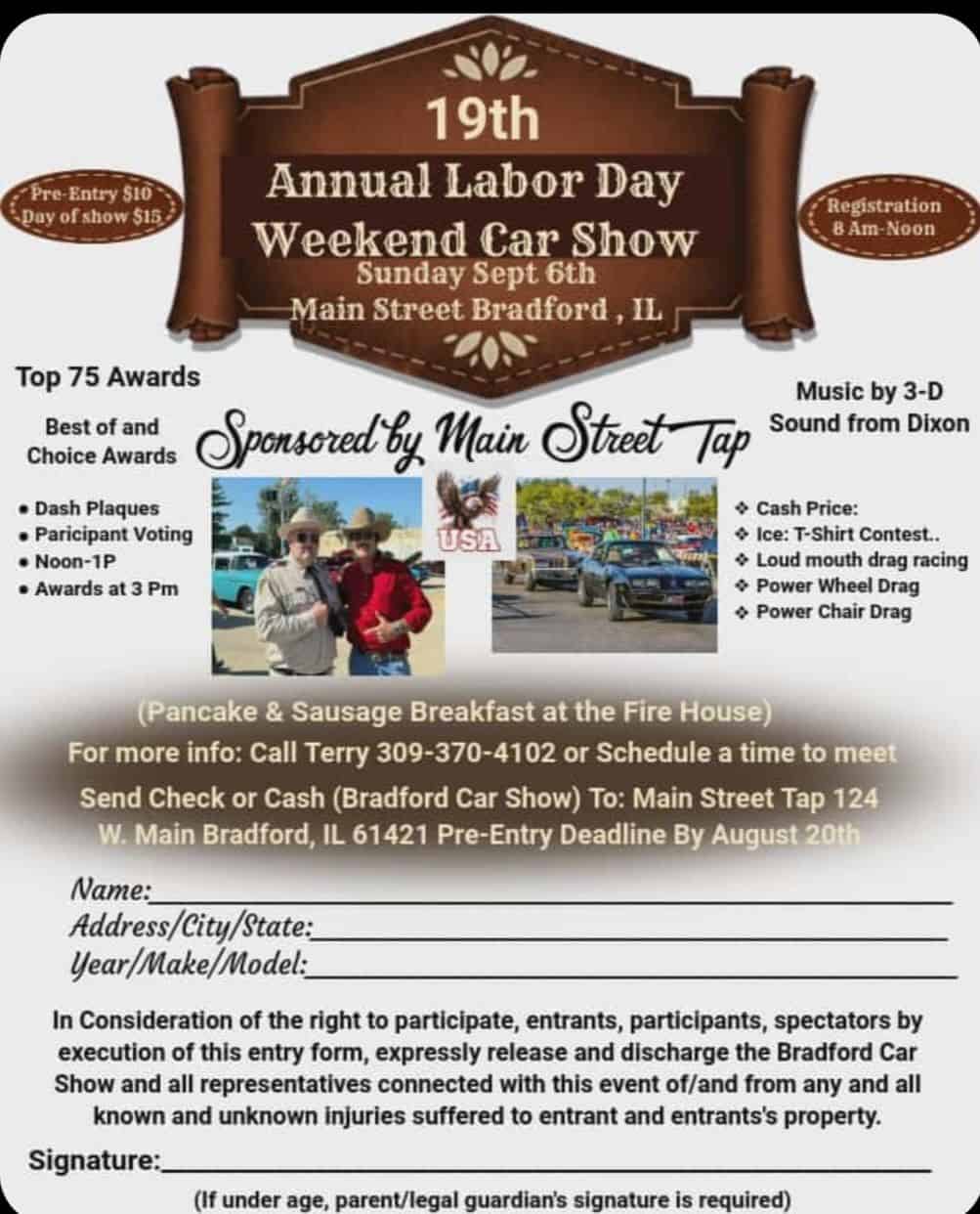 Bradford Labor Day Car Show event at Main Street Tap in Bradford, IL on September 6, 2026