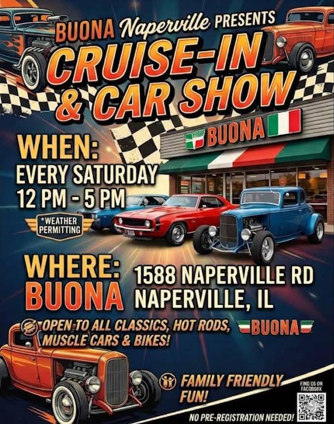 BUONA Naperville Cruise-In & Car Show event at Buona in Naperville, IL on May 14, 2026