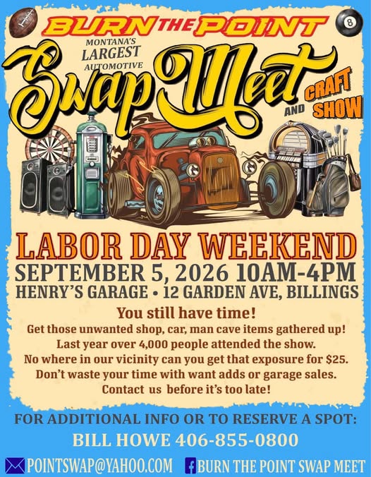 Burn The Point Swap Meet And Craft Show event at Henry's Garage in Billings, MT on September 5, 2026