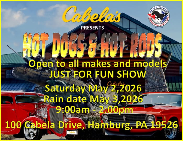 Cabela's Hot Dogs & Hot Rods event at 100 Cabela Drive in Hamburg, PA on May 2, 2026