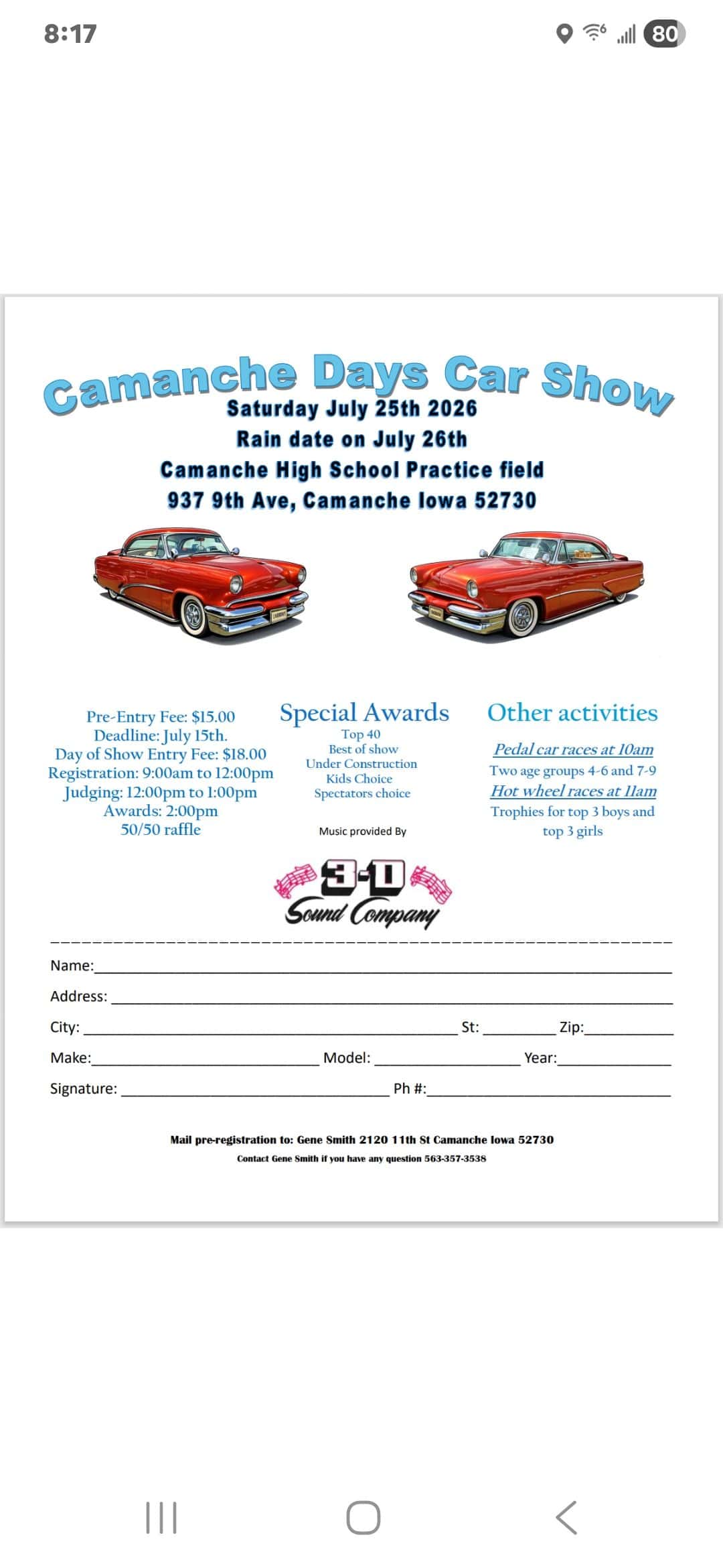 Camanche Days Car Show event at High School in Camanche, IA on July 25, 2026
