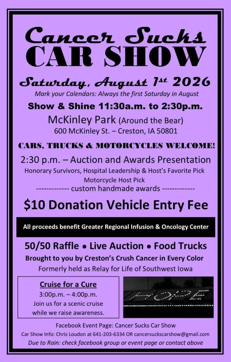 Cancer Sucks Car Show event at McKinley Park in Creston, IA on August 1, 2026