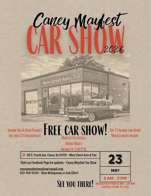 Caney Mayfest Car Show 2026 event at Main Street Auto & Tire in Caney, KS on May 23, 2026