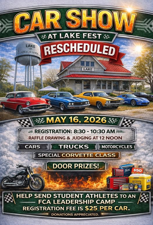 Car Show At Lake Fest Rescheduled event at Downtown Lake in Lake, MS on May 16, 2026
