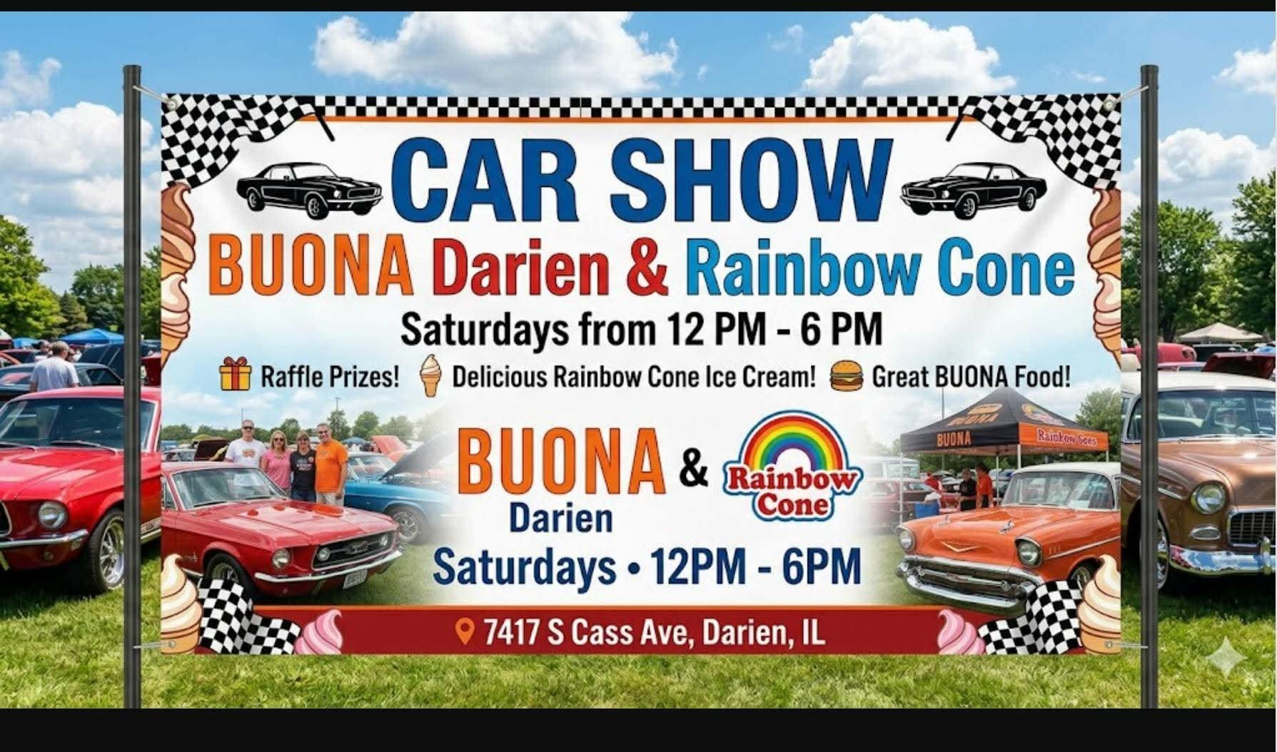 Car Show BUONA Darien & Rainbow Cone event at 7417 S Cass Ave in Darien, IL on May 14, 2026