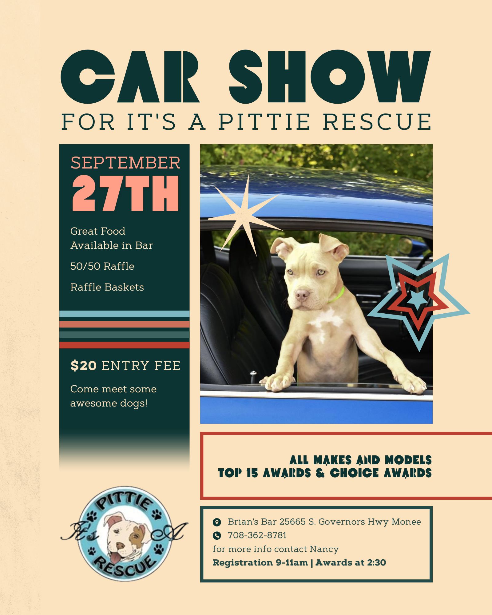 Car Show For It's A Pittie Rescue event at Brian's Bar in Monee, IL on September 27, 2026