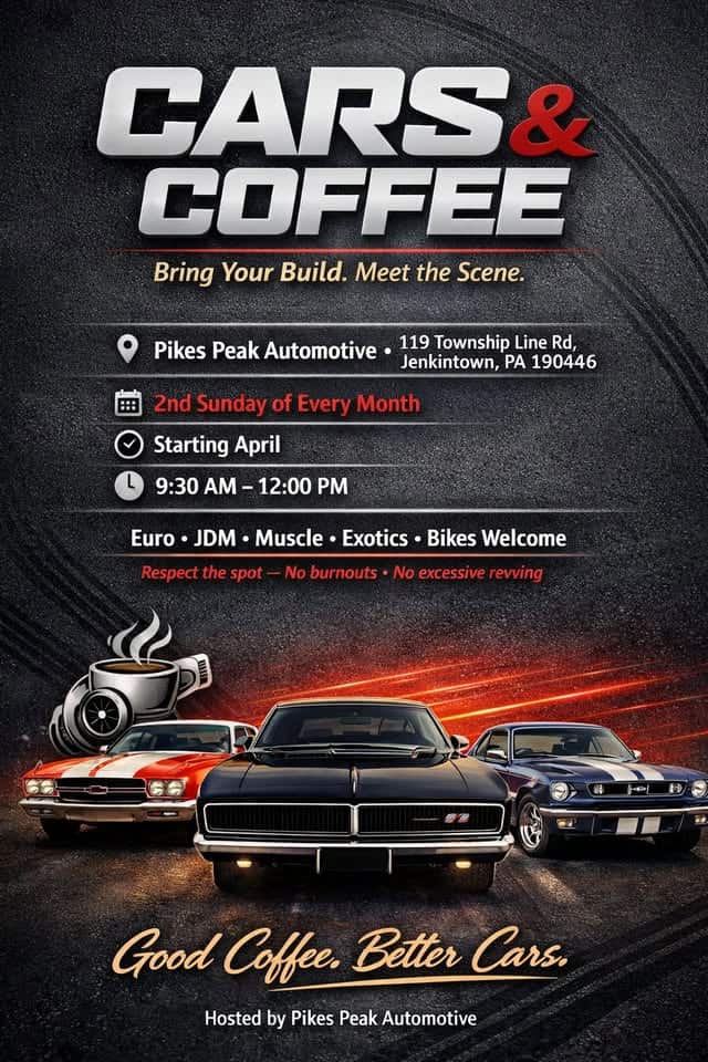 Cars and Coffee @ Pikes Peak Automotive event at 119 Township Line Rd in Jenkintown, PA on June 14, 2026