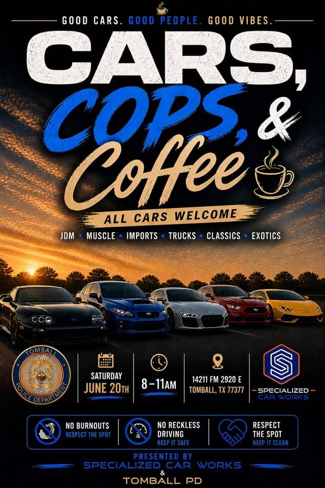 Cars, Cops & Coffee event at Western Union in Tomball, TX on June 20, 2026