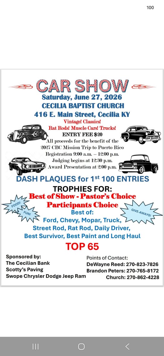 Cecilia Baptist Church Car Show event at Cecilia Baptist Church in Cecilia, KY on June 27, 2026