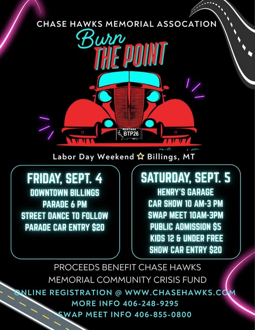 Chase Hawks Memorial Association Burn The Point event at Henry's Garage in Billings, MT on September 4, 2026