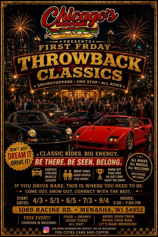 Chicago's First Friday Throwback Classics Showstoppers One Stop All Rides event at 1089 Racine Rd. in Menasha, WI on June 5, 2026