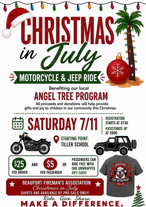 Christmas In July Motorcycle & Jeep Ride event at Tiller School in Beaufort, NC on July 11, 2026