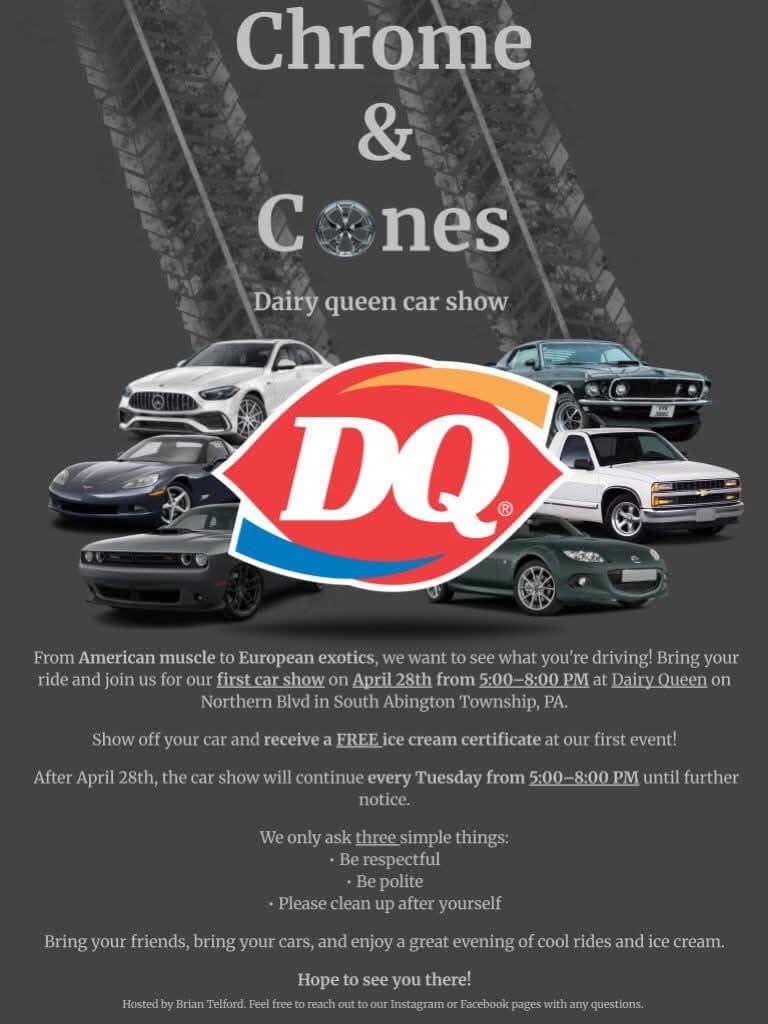 Chrome & Cones Dairy Queen Car Show event at Dairy Queen in South Abington Township, PA on April 28, 2026
