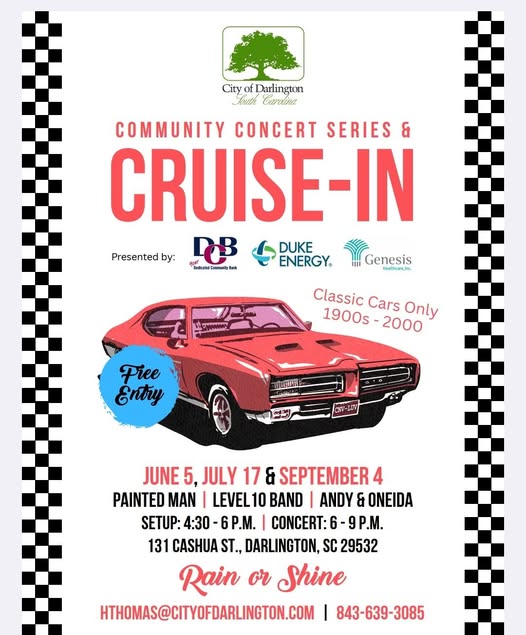 City of Darlington Community Concert Series & Cruise-In event at 131 Cashua St. in Darlington, SC on June 5, 2026