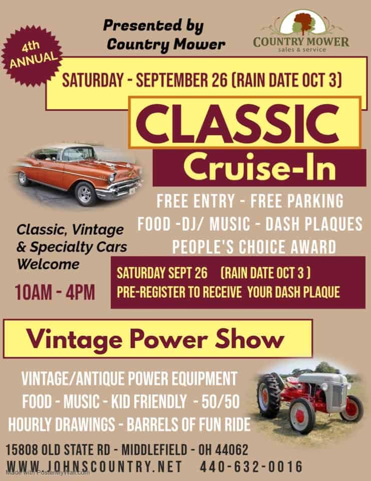 Classic Car Cruise-In & Vintage Power Show event at 15808 Old State Rd in Middlefield, OH on September 26, 2026