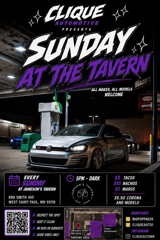 Clique Automotive Presents Sunday at the Tavern event at Jameson's Tavern in Saint Paul, MN on June 7, 2026