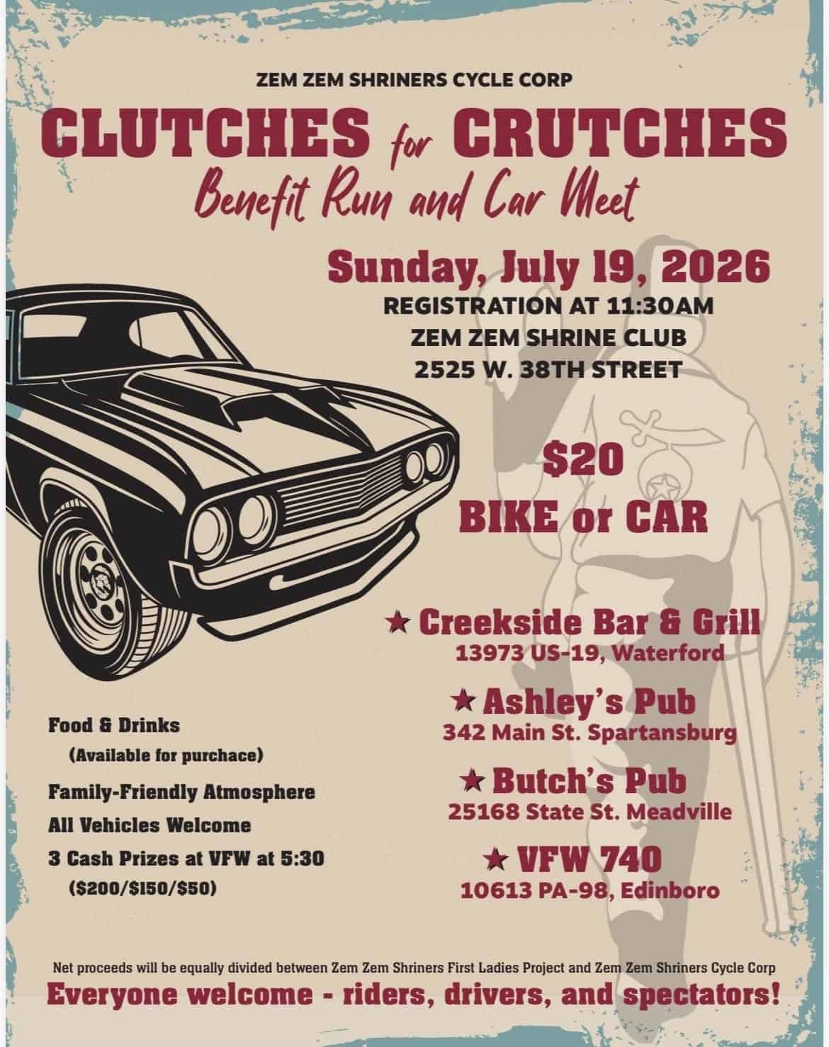 Clutches For Crutches Benefit Run And Car Meet event at Zem Zem Shrine Club in Erie, PA on July 19, 2026