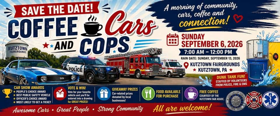 Coffee, Cars and Cops event at Kutztown Fairgrounds in Kutztown, PA on September 6, 2026