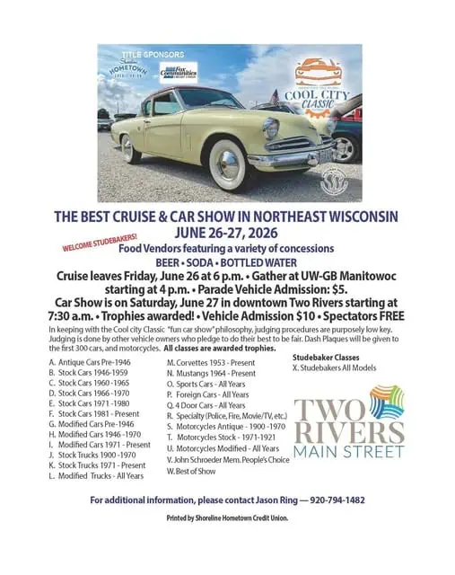 Cool City Classic: The Best Cruise & Car Show In Northeast Wisconsin event at Two Rivers Main Street in Two Rivers, WI on June 26, 2026