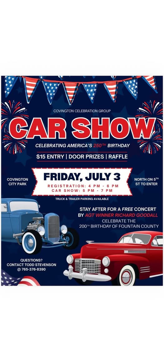 Covington Celebration Group Car Show event at Covington City Park in Covington, IN on July 3, 2026