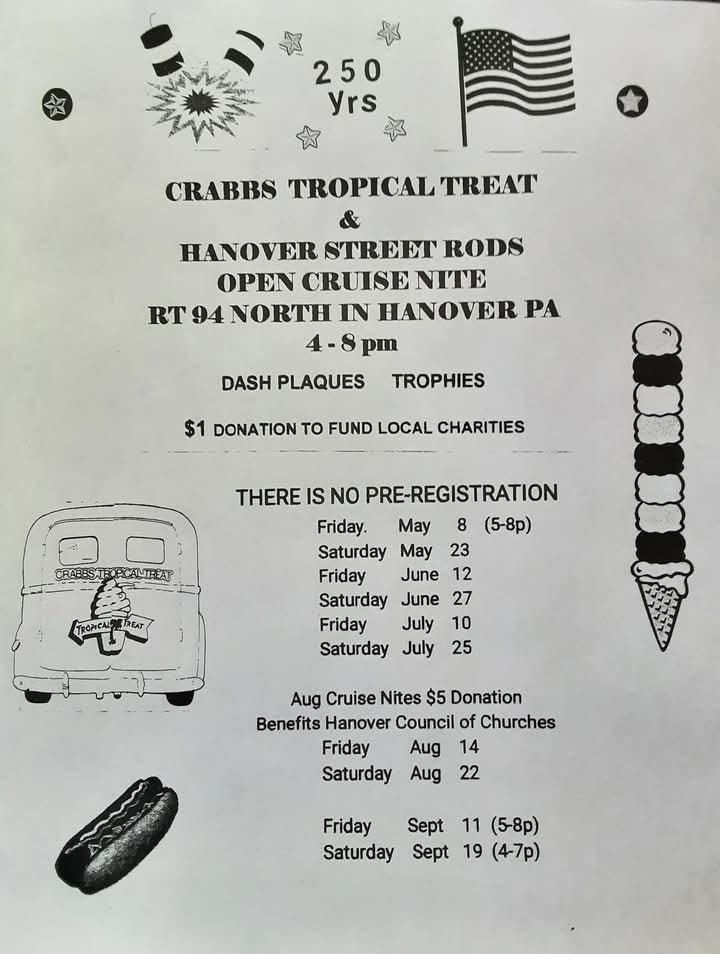 Crabbs Tropical Treat & Hanover Street Rods Open Cruise Nite event at RT 94 North in Hanover, PA on May 8, 2026