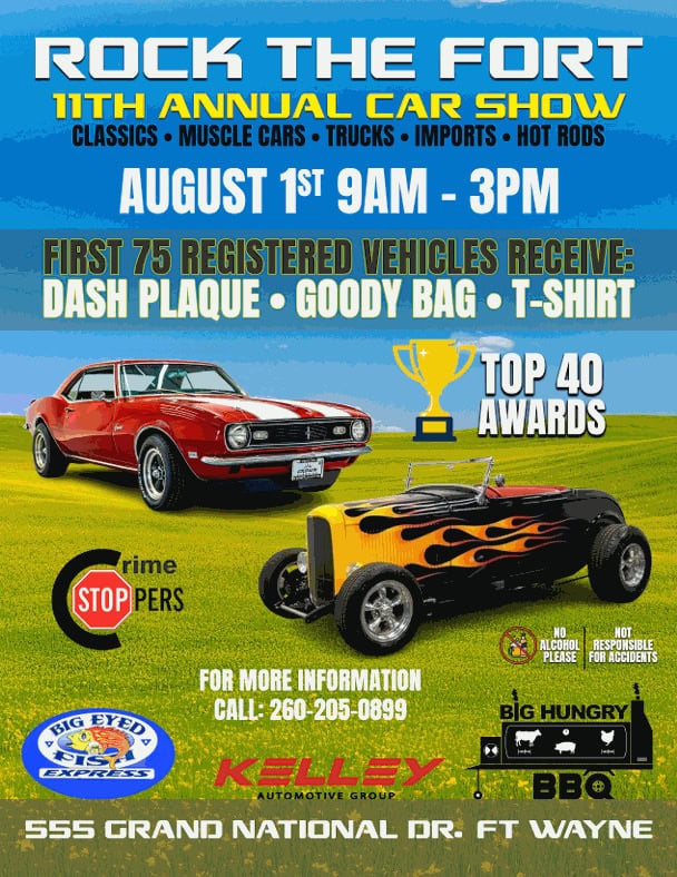 Crime Stoppers �Rock the Fort� Car Show event at 555 Grand National Dr in Fort Wayne, IN on August 1, 2026
