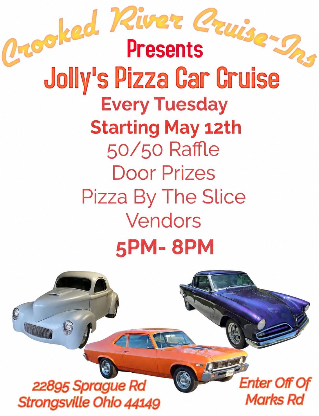 Crooked River Cruise-Ins Presents Jolly's Pizza Car Cruise event at 22895 Sprague Rd in Strongsville, OH on May 12, 2026