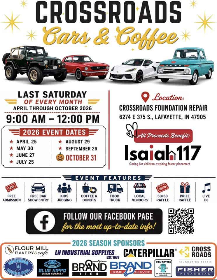 Crossroads Cars & Coffee event at Crossroads Foundation Repair in Lafayette, IN on April 25, 2026