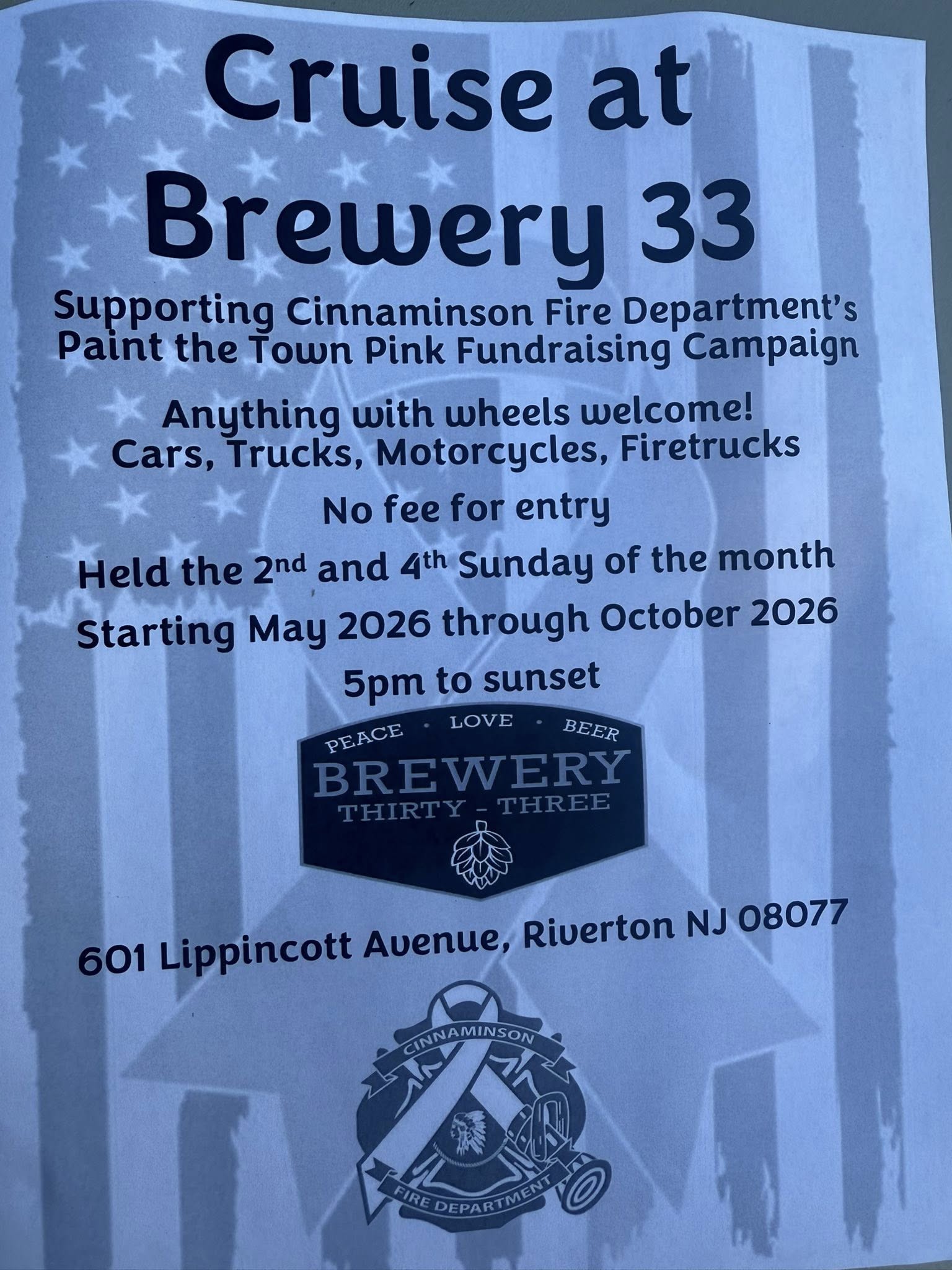 Cruise at Brewery 33 event at Brewery 33 in Riverton, NJ on May 8, 2026
