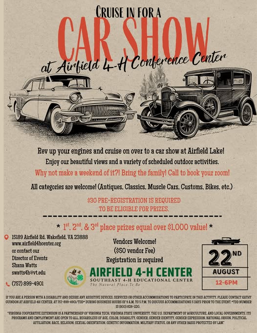 Cruise In For A Car Show At Airfield 4-H Conference Center event at Airfield 4-H Conference Center in Wakefield, VA on August 22, 2026