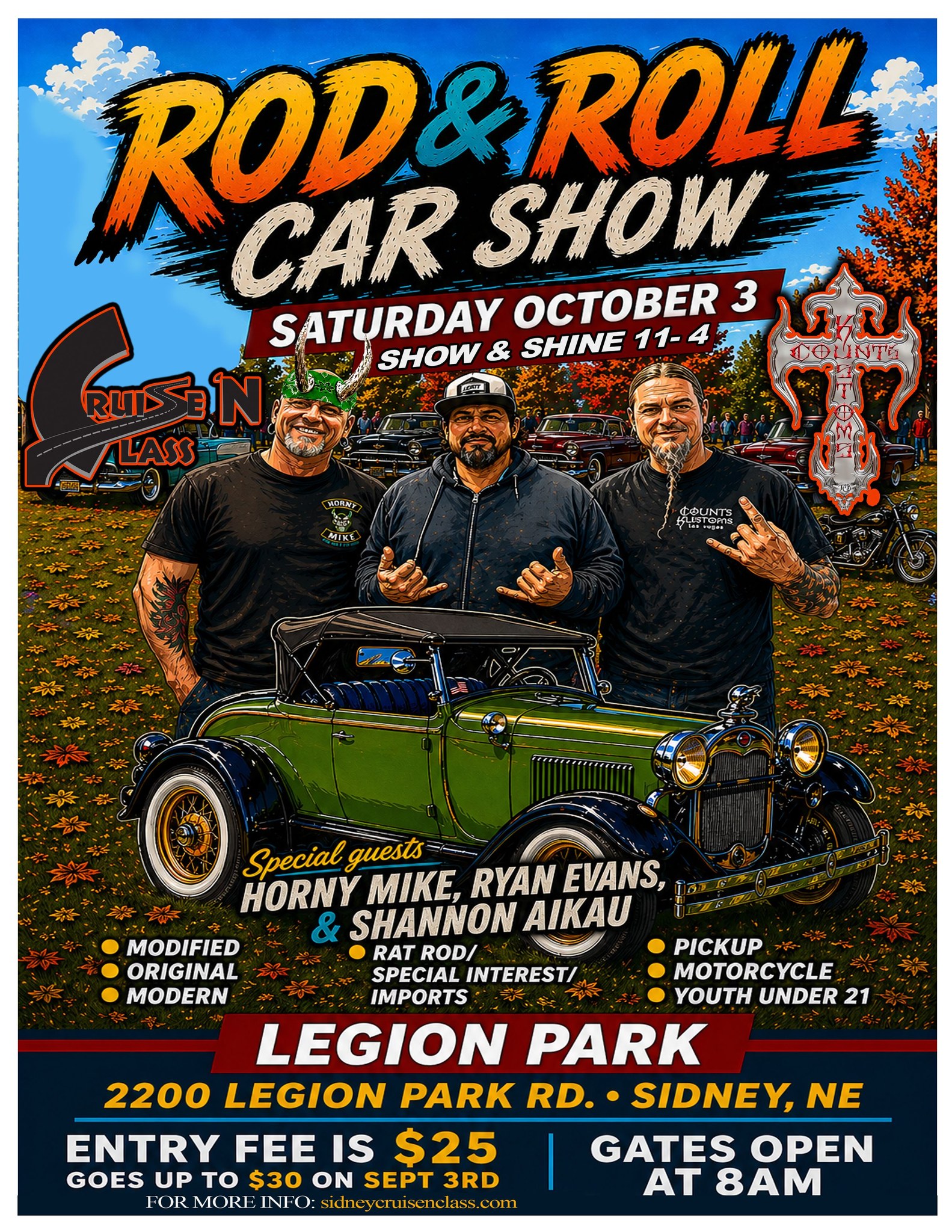Cruise N Class Rod & Roll Car Show event at Legion Park in Sidney, NE on October 3, 2026