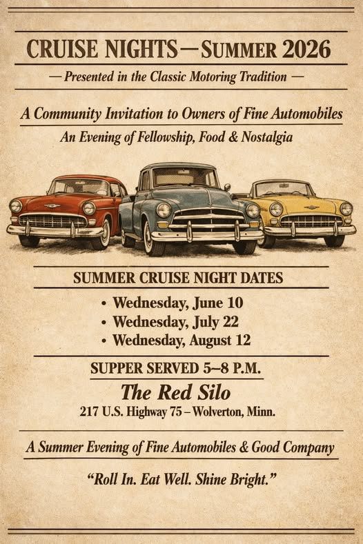 Cruise Nights—Summer 2026 event at The Red Silo in Wolverton, MN on June 10, 2026