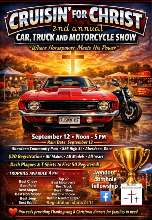 Cruisin' for Christ 2nd Annual Car, Truck and Motorcycle Show event at Aberdeen Community Park in Aberdeen, OH on September 12, 2026