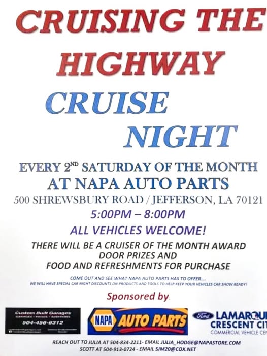 Cruising The Highway Cruise Night event at NAPA Auto Parts in Jefferson, LA on June 11, 2026