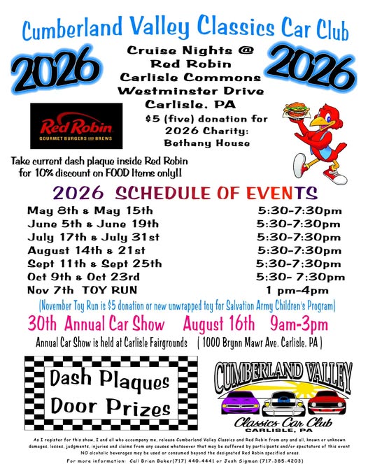 Cumberland Valley Classics Car Club Cruise Nights @ Red Robin event at Red Robin in Carlisle, PA on May 8, 2026