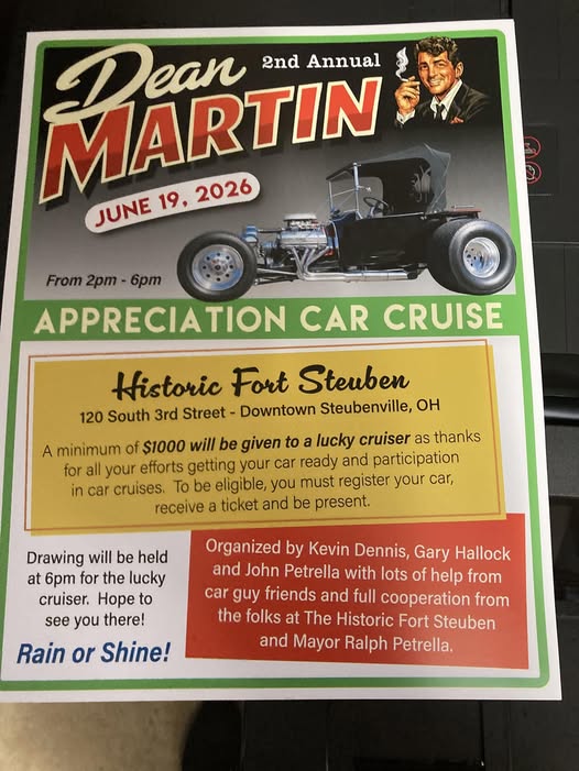 Dean Martin 2nd Annual Appreciation Car Cruise event at Historic Fort Steuben in Steubenville, OH on June 19, 2026