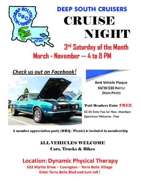 Deep South Cruisers Cruise Night event at Dynamic Physical Therapy in Covington, LA on June 18, 2026
