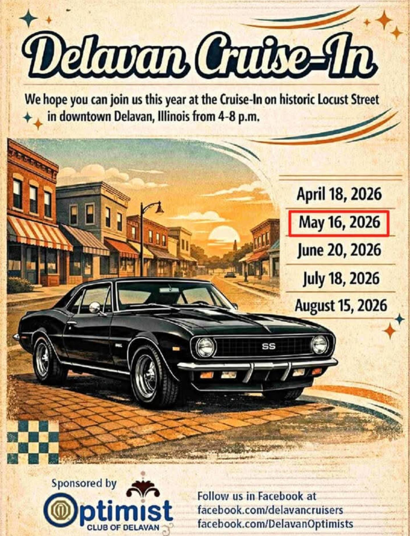Delavan Cruise-In event at Locust Street in Delavan, IL on May 16, 2026