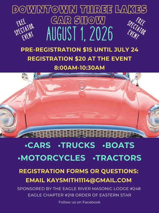Downtown Three Lakes Car Show event at Downtown Three Lakes in Three Lakes, WI on August 1, 2026