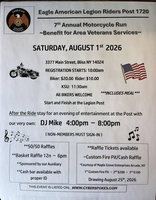 Eagle American Legion Riders Post 1720 7th Annual Motorcycle Run event at Eagle American Legion Riders Post 1720 in Bliss, NY on August 1, 2026
