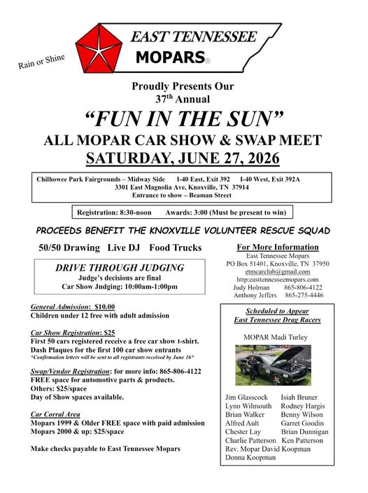 East Tennessee Mopars 37th Annual "Fun In The Sun" All MOPAR Car Show & Swap Meet event at Chilhowee Park Fairgrounds – Midway Side in Knoxville, TN on June 27, 2026