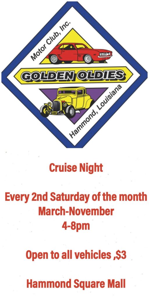 Motor Club, Inc. Golden Oldies Cruise Night event at Hammond Square Mall in Hammond, LA on June 11, 2026