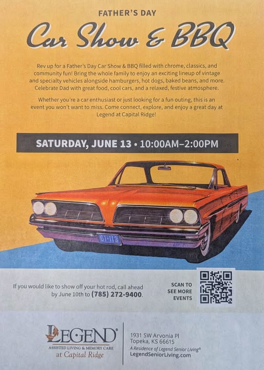Father's Day Car Show & BBQ @  Legend at Capital Ridge event at Legend at Capital Ridge in Topeka, KS on June 13, 2026