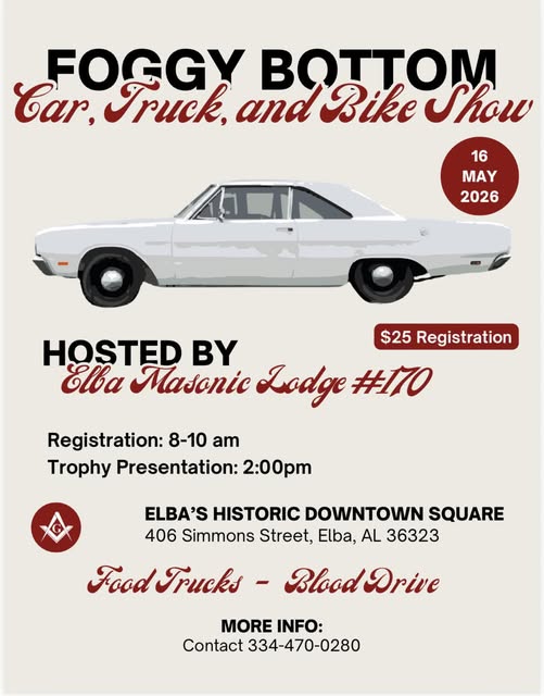 FOGGY BOTTOM Car, Truck, and Bike Show event at ELBA'S HISTORIC DOWNTOWN SQUARE in Elba, AL on May 16, 2026