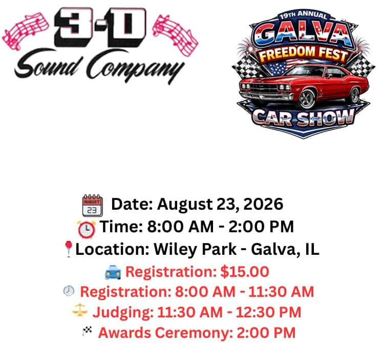 Freedom Fest Car Show event at Wiley Park in Galva, IL on August 23, 2026