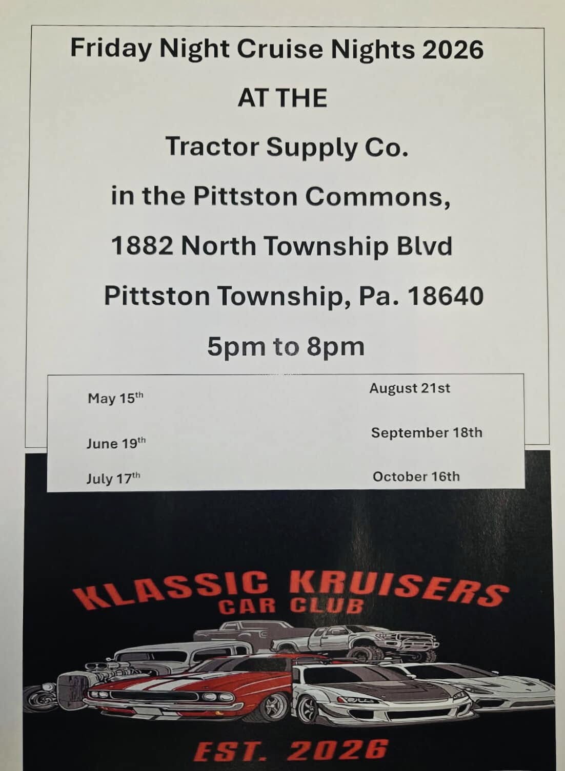 Friday Night Cruise Nights 2026 event at Tractor Supply CO. in Pittston, PA on May 15, 2026